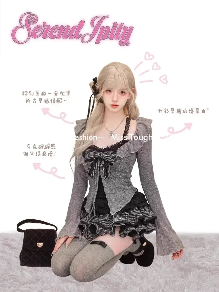 Sweet Lolita Vintage Suits Women Ruffles Cardigan + Sexy Y2k Corset Vest + Mini Skirts Autumn Korean Elegant 3 Piece Dress Sets - Matrix-studios.com