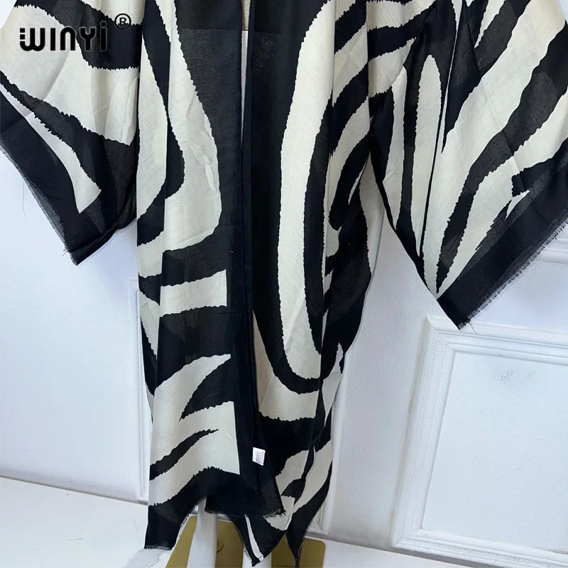 WINYI Kimono Zebra Print Cardigan Abaya Dubai Luxury Elegant Beach Outfits Long Coat Women Sexy Cotton Feeling Dress Kaftan - Matrix Studios