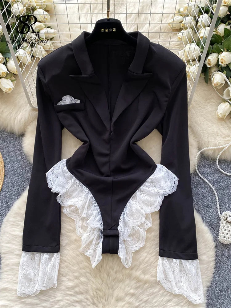 SINGREINY Female Lace Spliced OL Sexy Bodysuits Autumn Long Sleeve Slim Playsuits Women Streetwear Open crotch Fashion Rompers - Matrix Studios