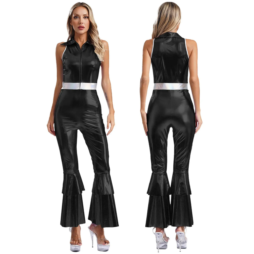 Womens 70S Disco Vintage Jumpsuit Metallic Shiny Flare Sleeve Bodysuit Hippie Bell Bottom Jazz Dance Carnival Rave Party Costume - Matrix Studios