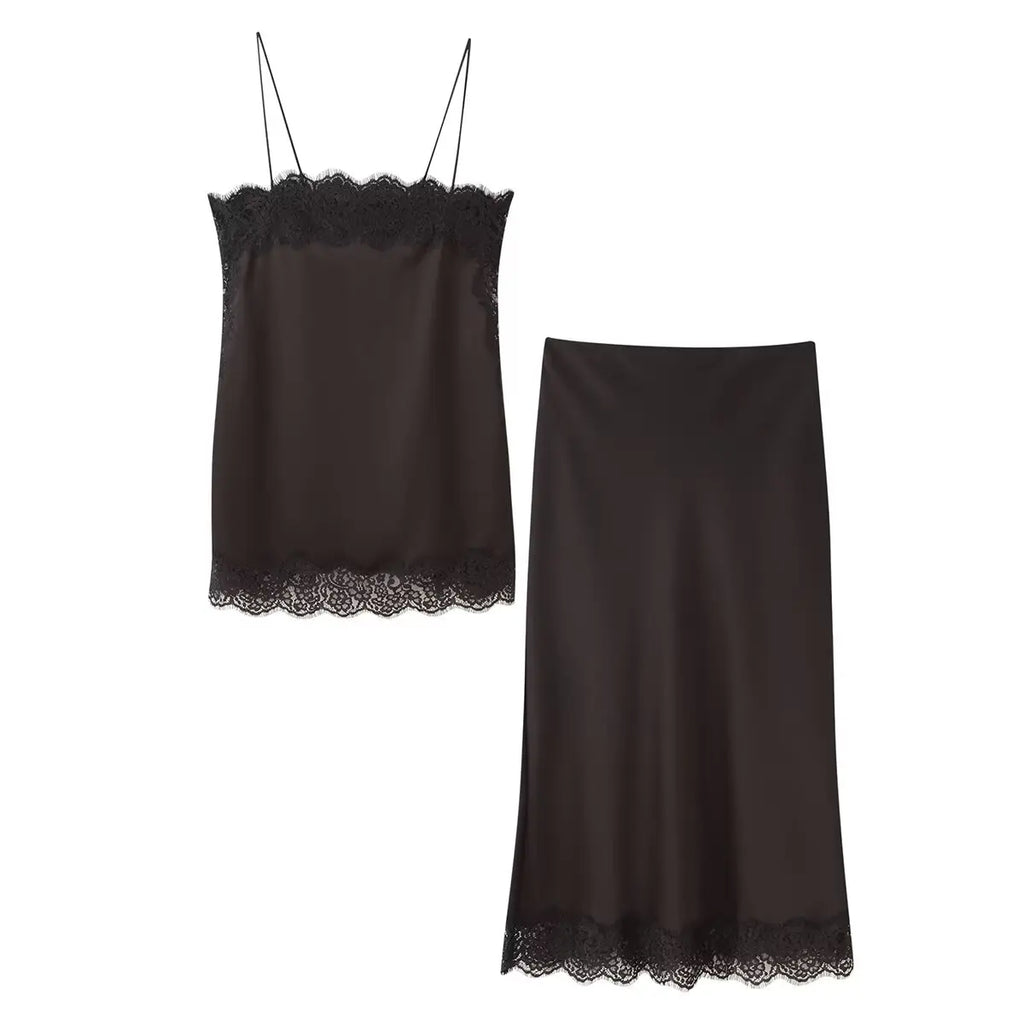 Tidalyf 2025 Women Two Piece Skirt Set Off Shoulder Lace Trim Cami Top with Split Hem Midi Skirt Sexy Elegant Outfit - Matrix-studios.com