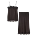 Tidalyf 2025 Women Two Piece Skirt Set Off Shoulder Lace Trim Cami Top with Split Hem Midi Skirt Sexy Elegant Outfit - Matrix-studios.com