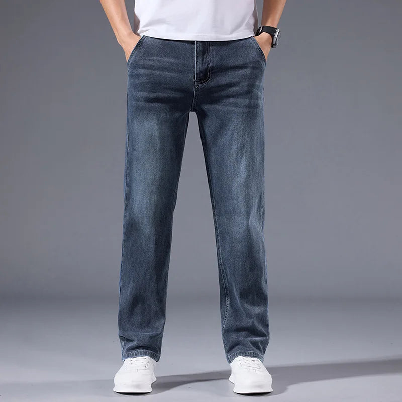 Men's Loose Straight Leg Jeans Retro Washed Elastic Casual Pants Suitable for All Seasons Versatile Pants - Matrix Studios