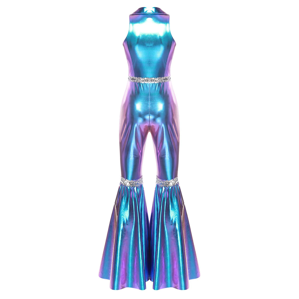 Adult Womens 70s Disco Rompers Lapel V Neck Sleeveless Front Zipper Sequins Bell Bottom Long Pants Jumpsuit Retro Jazz Dancewear - Matrix Studios
