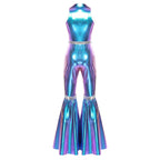 Adult Womens 70s Disco Rompers Lapel V Neck Sleeveless Front Zipper Sequins Bell Bottom Long Pants Jumpsuit Retro Jazz Dancewear - Matrix Studios