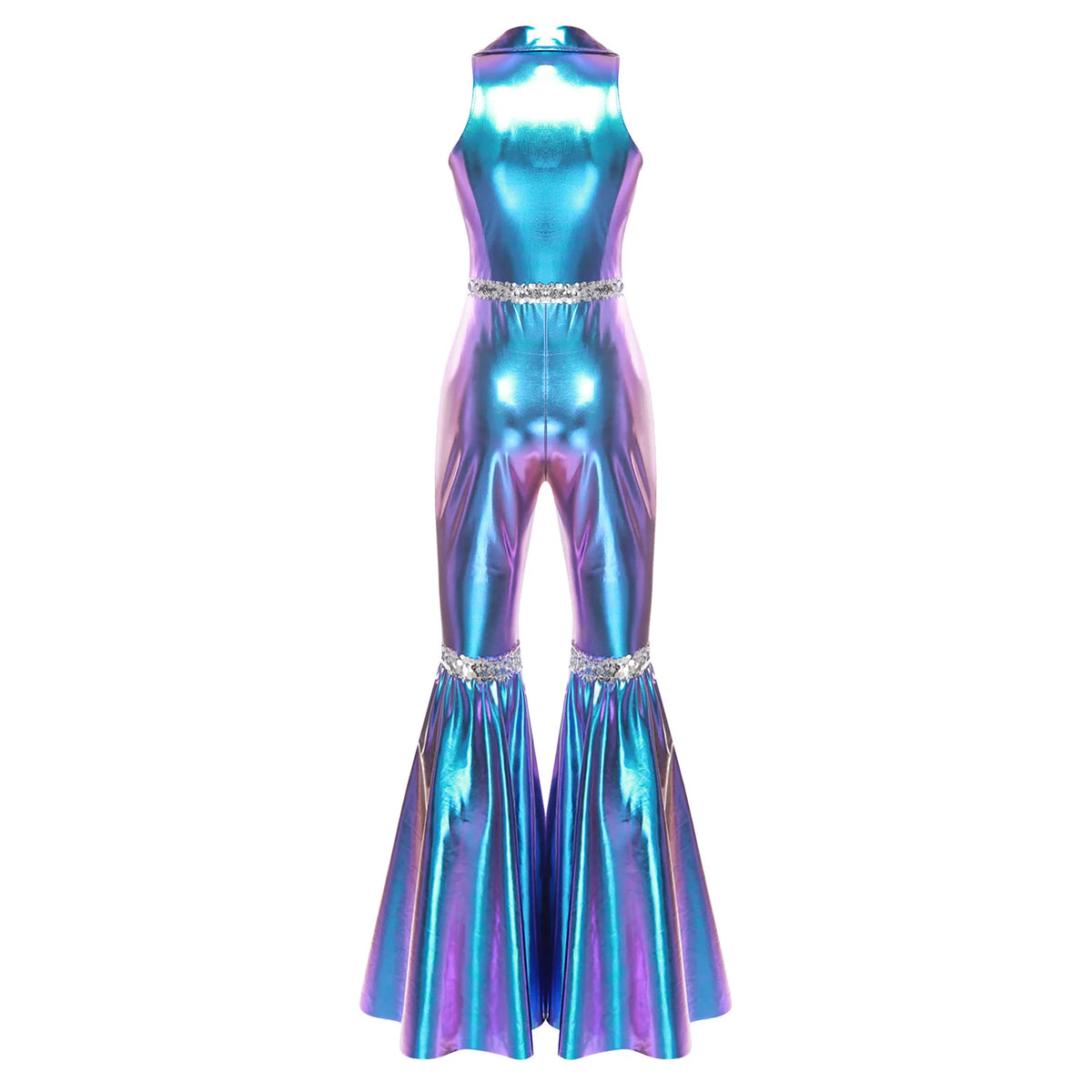 Adult Womens 70s Disco Rompers Lapel V Neck Sleeveless Front Zipper Sequins Bell Bottom Long Pants Jumpsuit Retro Jazz Dancewear - Matrix Studios
