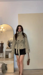 Belted Waist Cropped Trench Jackets Women Double Breasted Stand Collar Coats 2025 Autumn Chic Casual Vintage Jacket Women Cloth - Matrix-studios.com