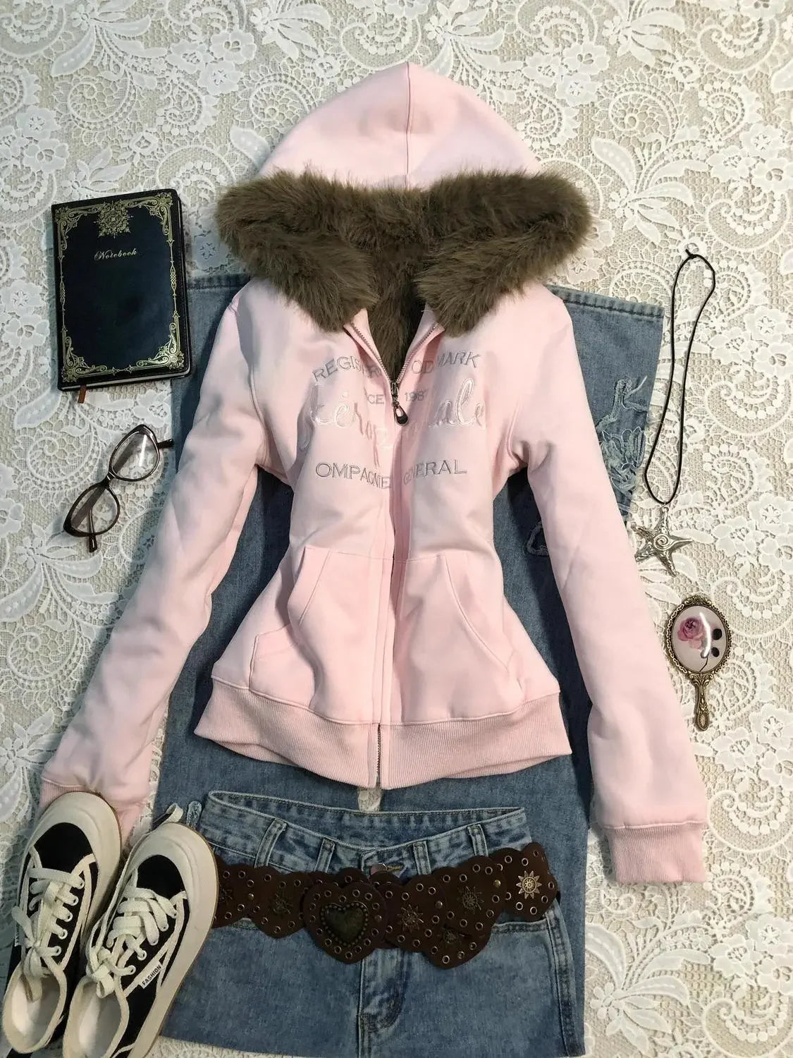 American Vintage Pink Furry Hoodie Women Y2K Harajuku Faux Fur Collar Jacket Fashion Slim Waist Belted Hot Girl Sweatshirt New - Matrix Studios