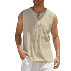 Cotton Linen Shirts Men's Casual Sleeveless Vest Lace Up Shirts Retro V Neck Tank Tops Loose Shirt Male Solid Color Clothes - Matrix Studios