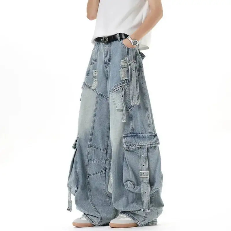IEFB American Style Men's Jeans Solid Color Multi Pockets Casual Worn-out Trousers Deconstruction Wide Leg Denim Pants 9W4066 - Matrix Studios