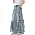 IEFB American Style Men's Jeans Solid Color Multi Pockets Casual Worn-out Trousers Deconstruction Wide Leg Denim Pants 9W4066 - Matrix Studios