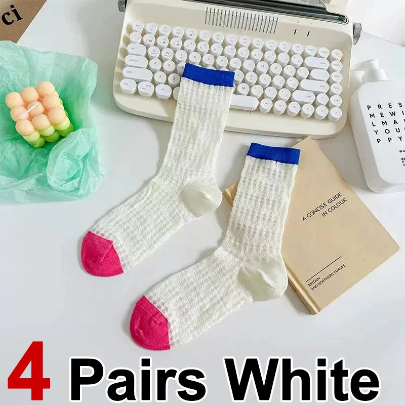 4/8 Pairs Women Solid Color Striped calf Socks Fashion Korean Version Simple Spring Summer Breathable Comfortable Stacking Socks - Matrix Studios