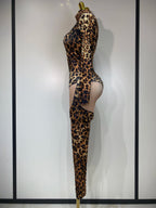 Women 2025 Stretch Leopard Print Sexy Bodycon Jumpsuit Bar Nightclub Singer Dancer Luxury Diamond Stage Performance Outfit - Matrix Studios