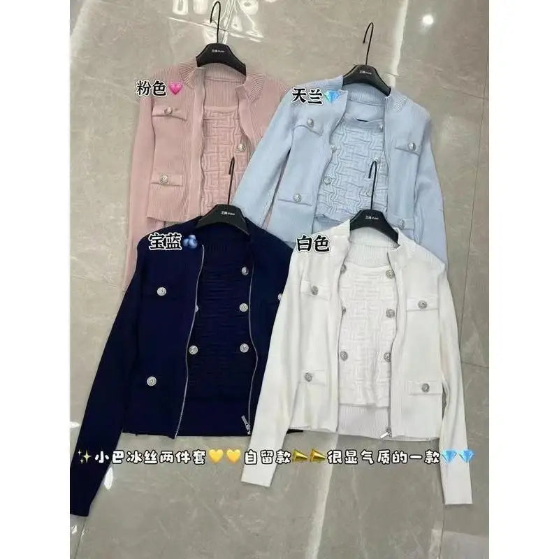 Fall Fashion Geometric Jacquard Knitted Set Women Fashion Button Zipper Cardigan+Camisole Top Office Lady Wool Knitwear Suit - Matrix Studios