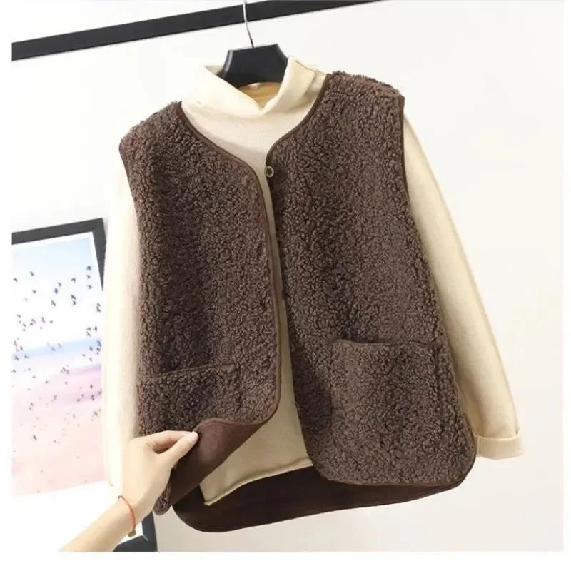 Lamb's Fleece Vests Jacket New Spring Autumn Women Button Waistcoat Winter Warm Fleece Sleeveless Outwear Female - Matrix Studios