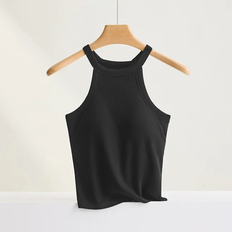 Threaded Halter Neck Camisole Top With Build-in Bra High Elastic Slim-fitting Sling Fixed Cup Breathable Women Underwear - Matrix-studios.com