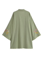 Vintage Chic Women Flowers and Bees Embroidery Bat Sleeve Beach Bohemian Kimono Dress Ladies V Neck Summer Boho Bikini Cover-ups - Matrix Studios