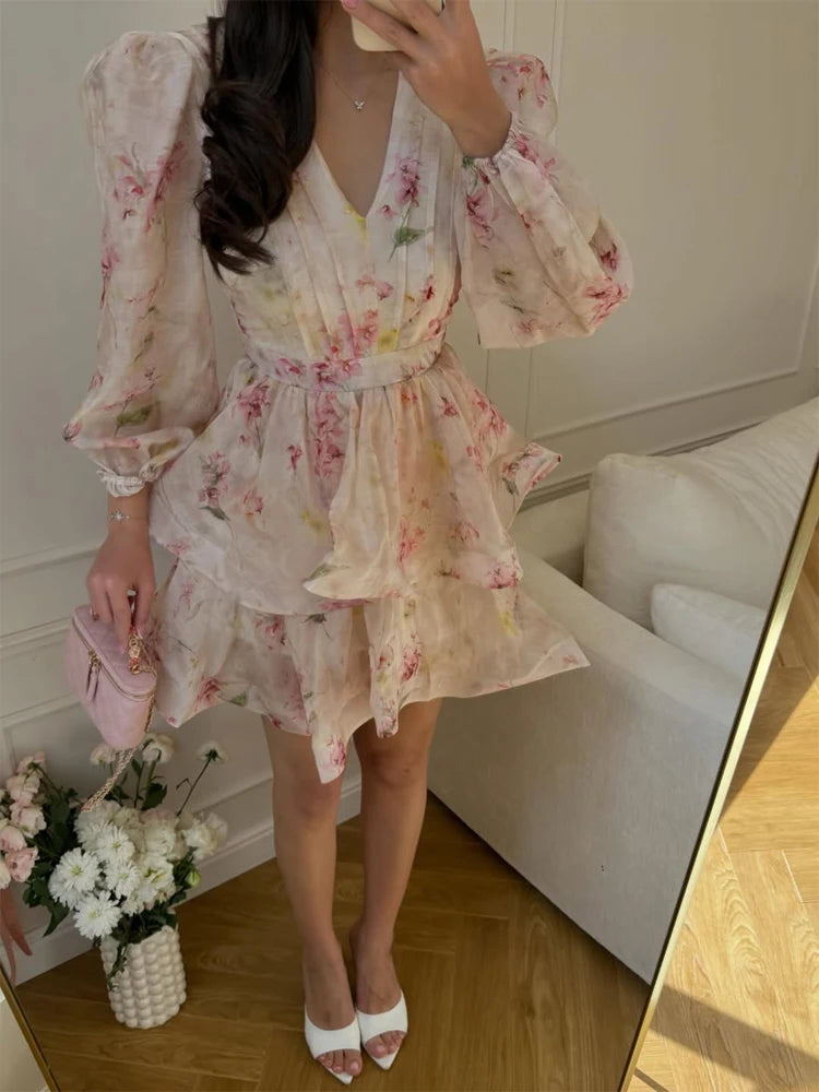Women Floral Print Mini Dress V-neck Balloon Sleeve Keyhole Detail Tiered Ruffle Hem Dresses 2026 New Summer Holiday Party Gowns - Matrix-studios.com