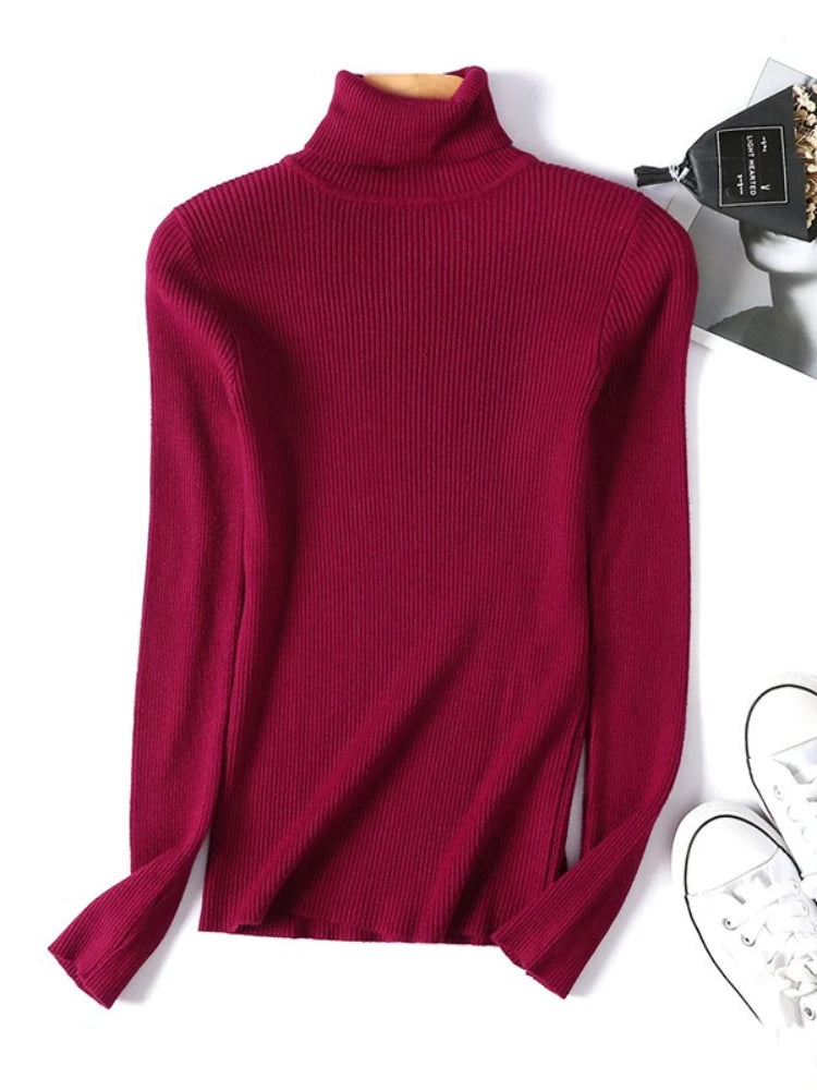 Casual Soft Polo-neck Jumper New Autumn Winter Women Knitted Turtleneck Sweater Fashion Slim Elasticity Solid Ribbed Pullovers - Matrix Studios