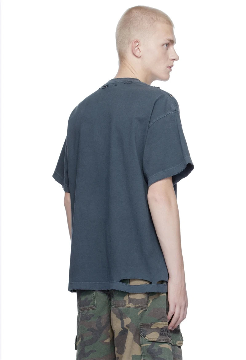 Summer Satoshi Street Vintage Letter Pattern Print Comfort Round Neck Short Sleeve Washed Versatile Trendy Loose Casual T-shirt - Matrix-studios.com
