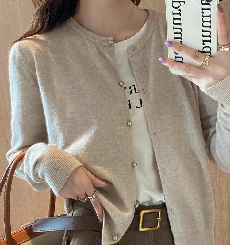Solid Color Knitted for Women Cardigan Korean Single Breasted Long Sleeve Jumper Woman Round Neck All Match Cardigans Outwear - Matrix Studios