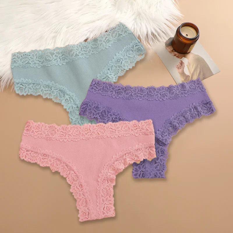 3Pcs/set Women Cotton Lace Panties Floral Intimate Underwear Trendy Patchwork Lace Briefs Female Soft Underpants Lingerie S-XL - Matrix Studios
