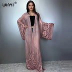 WINYI Kimono Hand-Dyed Embroidered Cardigan Beachwear Evening Dress Abaya Dubai Luxury Cover-Ups Beach Outfits Women Maxi Coat - Matrix Studios