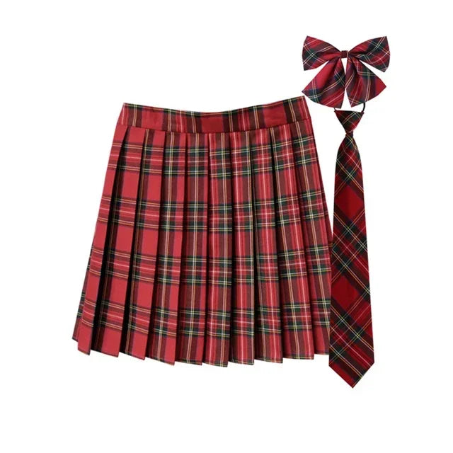 Women Summer Plaid Pleated Skirt With Necktie Bowtie Korean Jk Skirt Uniform Japanese School Preppy A Line Mini Skirts - Matrix-studios.com