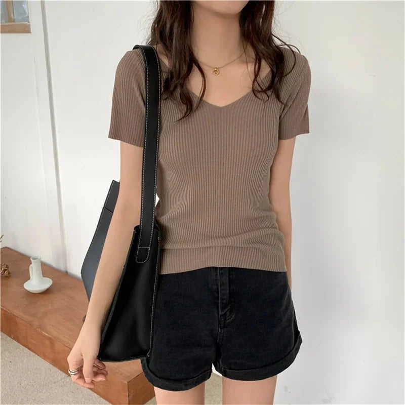 Basic V-neck Solid Thin Summer Pullover Women Female Knitted Ribbed Sweater Slim Short Sleeve Bodycon Sweater - Matrix Studios