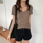 Basic V-neck Solid Thin Summer Pullover Women Female Knitted Ribbed Sweater Slim Short Sleeve Bodycon Sweater - Matrix Studios