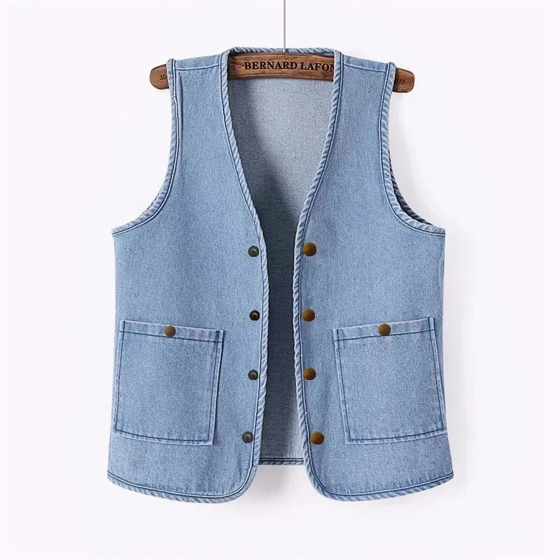 Women Vintage Denim Waistcoat Jacket 2026 Spring New Female Short Slim Sleeveless Coat Vest 6XL Single Breasted Solid Casual Top - Matrix Studios