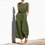 Cotton And Linen Jumpsuit Women Solid Color Sleeveless Pocket High Waist Wide Legs Jumpsuits Casual Commuting Ladies Bodysuits - Matrix Studios
