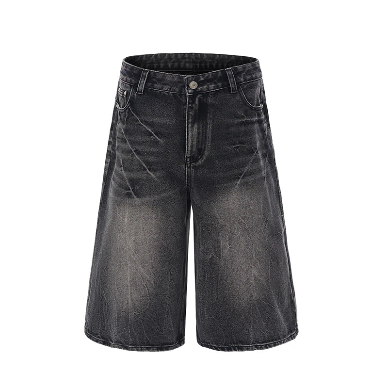 2025 Summer American Lightning Crack Black Grey Jeans Men's Straight Tube Loose Wide Leg Shorts Y2k Street Hip Hop Sevens