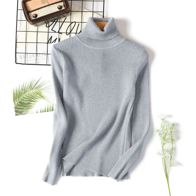 Casual Soft Polo-neck Jumper New Autumn Winter Women Knitted Turtleneck Sweater Fashion Slim Elasticity Solid Ribbed Pullovers - Matrix Studios