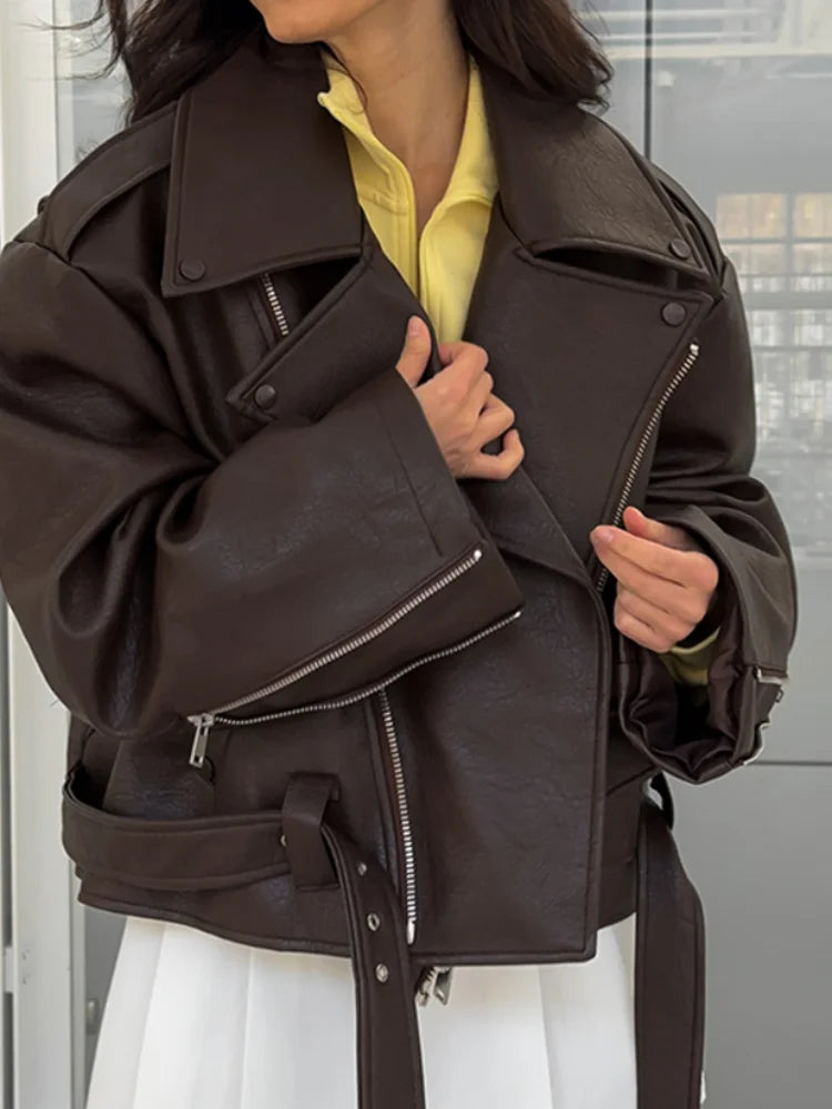 Solid Lapel Collar Waist-cinching Faux Leather Jacket Women's Hook Cut Out Split Cuffs Pu Coat 2026 Autumn Street Casual Outfits - Matrix Studios