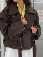 Solid Lapel Collar Waist-cinching Faux Leather Jacket Women's Hook Cut Out Split Cuffs Pu Coat 2026 Autumn Street Casual Outfits - Matrix Studios