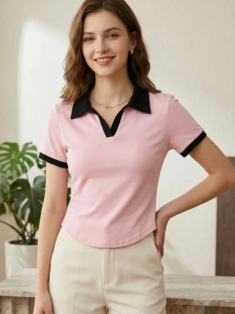 AOSSVIAO 2026 Spring Summer Women's Color Block V-Neck Short Sleeve Polo Shirt Chic Slim Fit Versatile T-Shirt Sexy Crop Tops - Matrix-studios.com