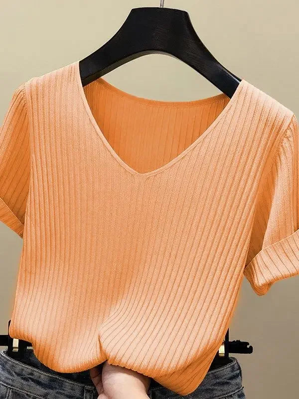AOSSVIAO 2026 Basic V-neck Solid Thin Summer Women Pullover Female Thin Knitted Ribbed Sweater Slim Short Sleeve Bodycon Sweater - Matrix-studios.com