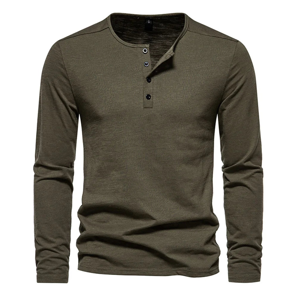 Men Long Sleeved T-shirt Cotton Slim Fit Bottoming Shirt Fitness Tops Tees Button Neck Casual Cozy Tshirt - Matrix Studios