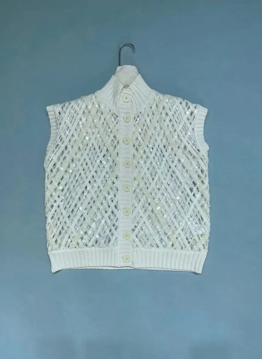 Naizaiga  100 cashmere mock neck white mocha hollow out autumn women sleeveless sequin cardigans  JH1 - Matrix Studios