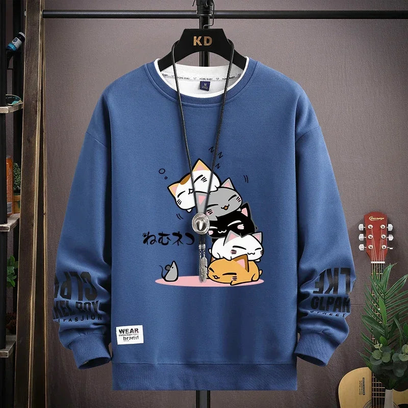 Spring Men's Sweatshirt Japan Cartoon Cats Printed Long Sleeve T-shirt Fashion Men's Clothing Khaki O Neck Harajuku Top 2024 New - Matrix Studios