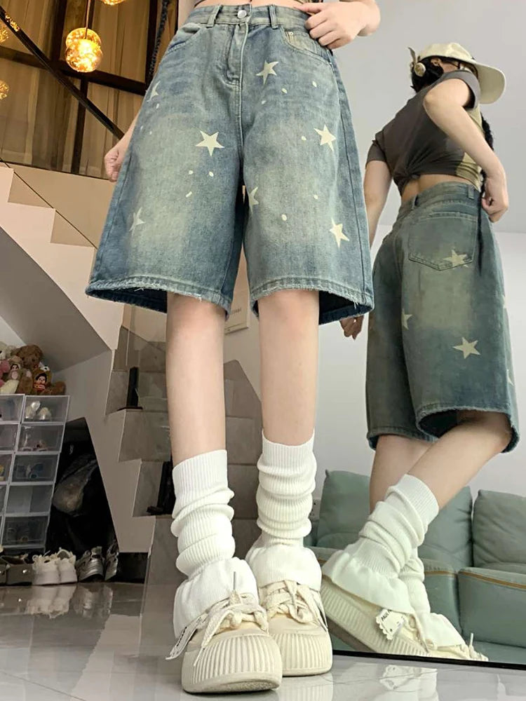 Women High Waist American Retro Washed Wide Leg Jeans Girls Street Do Old Star Loose Denim Pants Female Blue Knee Length Shorts - Matrix-studios.com