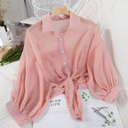 Casual Loose Hollow White Clothes Elegant Solid Color Tied Waist Blouse Women Summer Bat Half Sleeve Button Chiffon Shirt - Matrix-studios.com