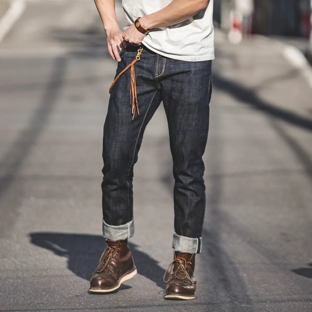 Maden Men's 14oz Raw Selvedge Denim Jeans Vintage Straight Fit Horsehide Leather Patch Paris Buckle Jeans for Autumn and Winter - Matrix Studios