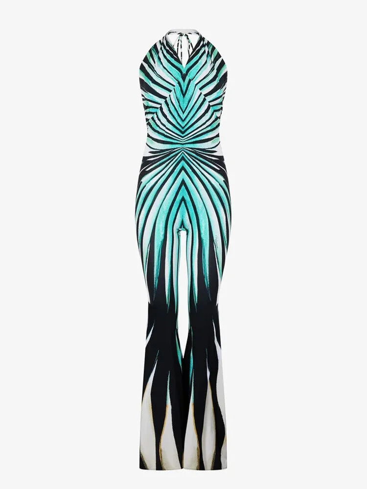 Ahagaga Fashion Printed Women Jumpsuits Halter Bandage Hollow Out Striped Skinny Flare Pants Sexy Streetwear Rompers Female - Matrix Studios