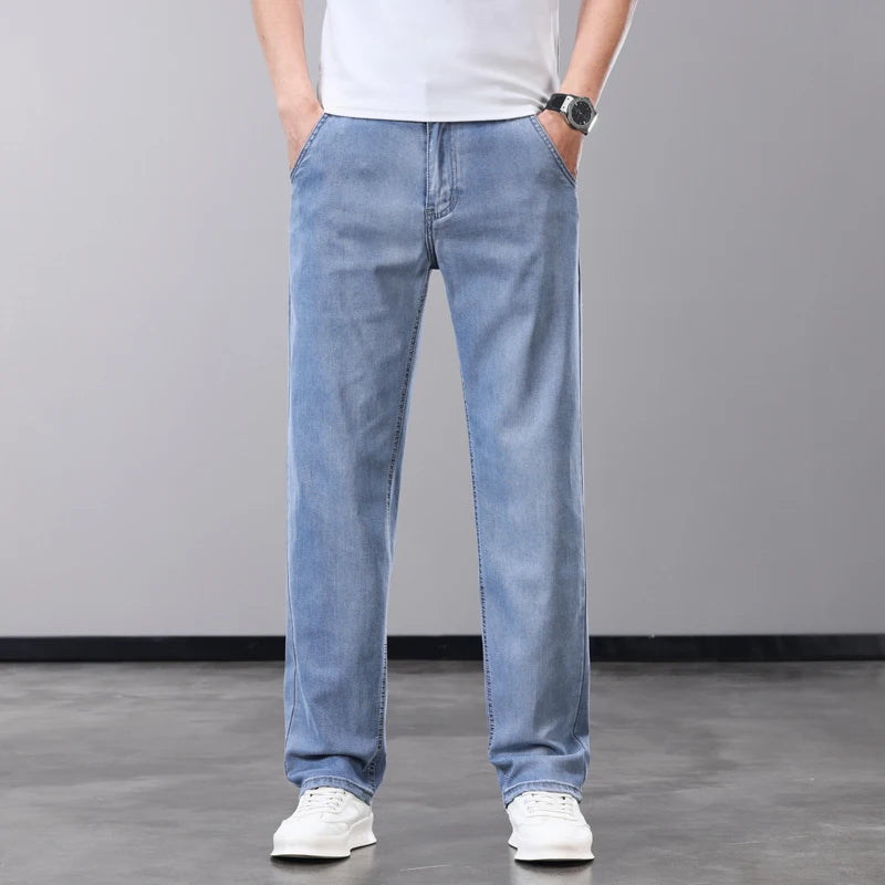 Summer Thin Men's Jeans Lyocell Fabric Soft Breathable Straight Denim Pants Brand Man Elastic Ice Silk Casual Trousers Grey Blue - Matrix Studios