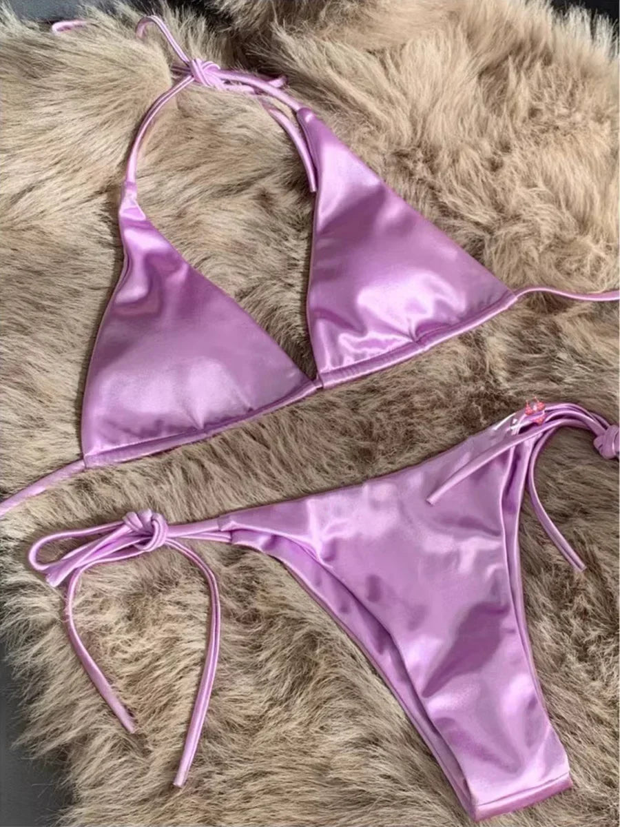 Halter Brazilian Metallic Satin Bikini Women Swimwear Female Swimsuit Two-pieces Bikini Set High Cut Bathing Suit Swim Beachwear - Matrix-studios.com