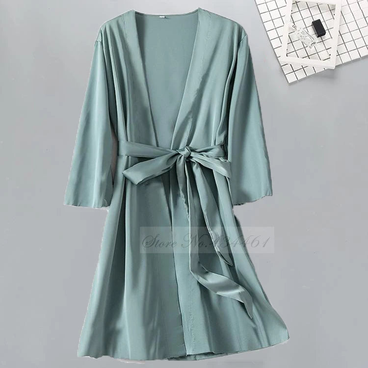 Sexy Women Rayon Kimono Bathrobe WHITE Bride Bridesmaid Wedding Robe Set Lace Trim Sleepwear Casual Home Clothes Nightwear - Matrix-studios.com