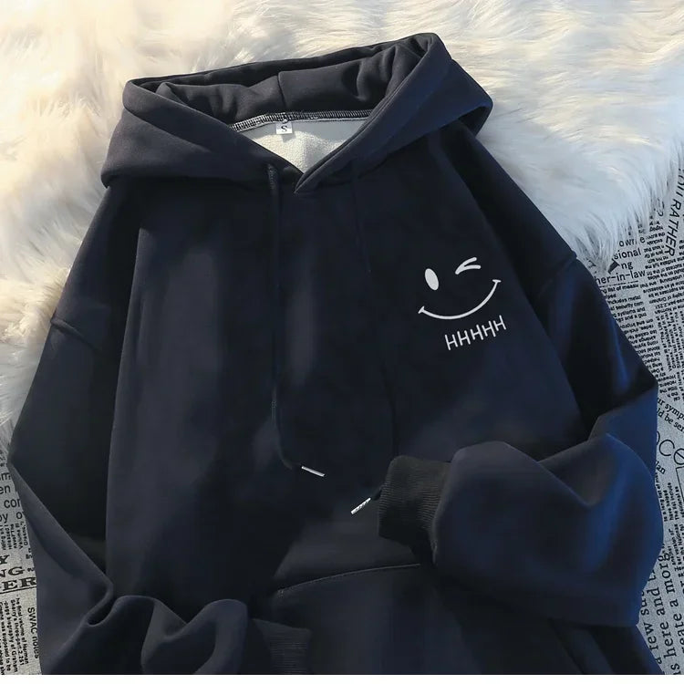 Men's Smiling Face Funny Fashion Couple Hooded Sweater American Heavyweight Loose Thickened Cashmere Boys' Hoodie Pullover Top - Matrix Studios