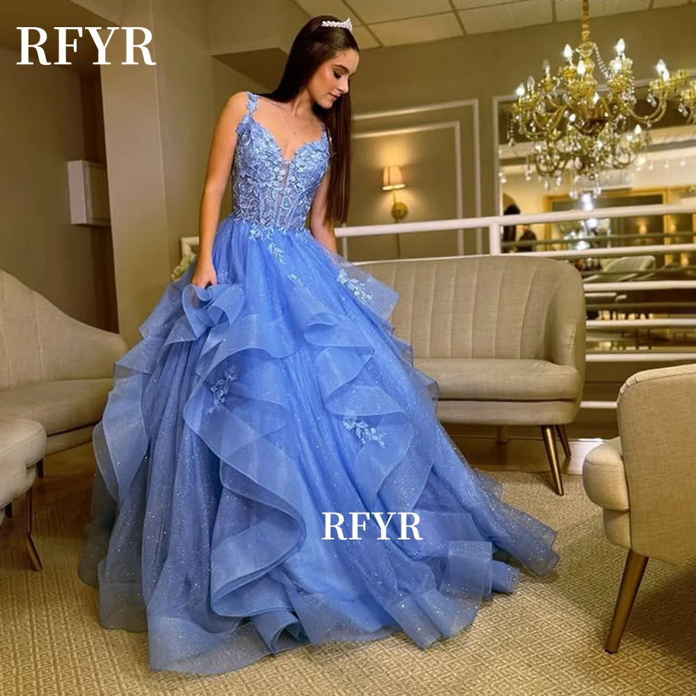 RFYR A Line Evening Dresses Lace Prom Dress Multilayers Elegant Princess Gown Applique Party Gown فساتين مناسبة رسمية Customized - Matrix-studios.com